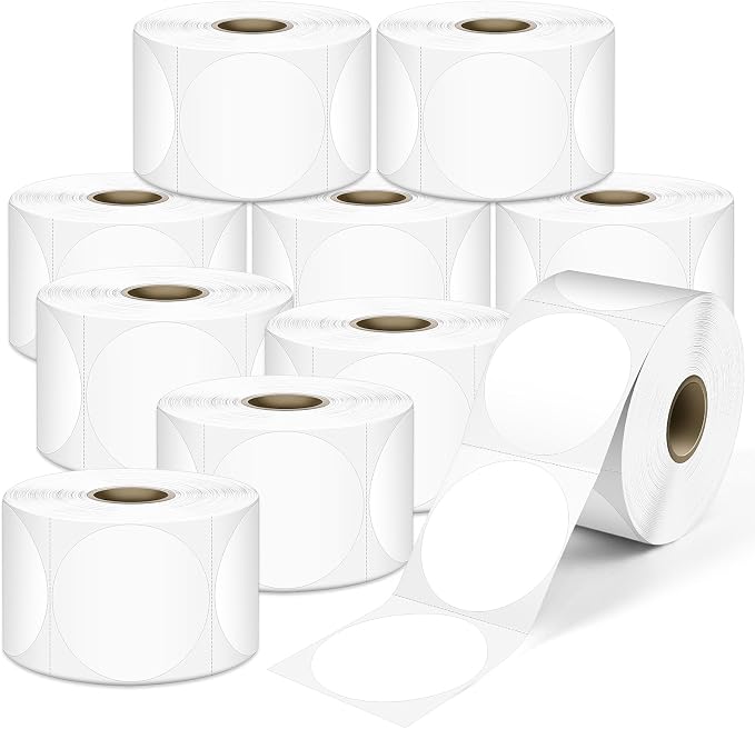 L LIKED 2" Round Direct Thermal Labels 7500 Permanent Adhesive Labels | 10 Rolls, 750 Labels/Roll, BPA Free, Block Old Information, Perforated, Compatible with Most Desktop Printers