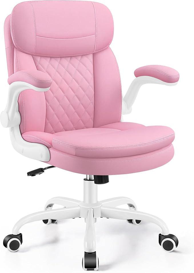 Leather Office Chair, Upgraded PU Computer Desk Chairs with Double-Layer Seat Cushion and Neckrest, 360°Swivel, Ergonomic Small Gaming Chair with Wheels and Adjustable Armrests for Short People, Pink