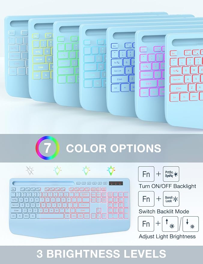 Wireless Keyboard and Mouse Combo, 9 Backlit Effects, RGB, 2.4GHz | Ergonomic Wrist Rest, Phone Holder, Rechargeable, Full Size, KM22 MAX Silent Set for Computer, Laptop, Mac, Windows (Blue)