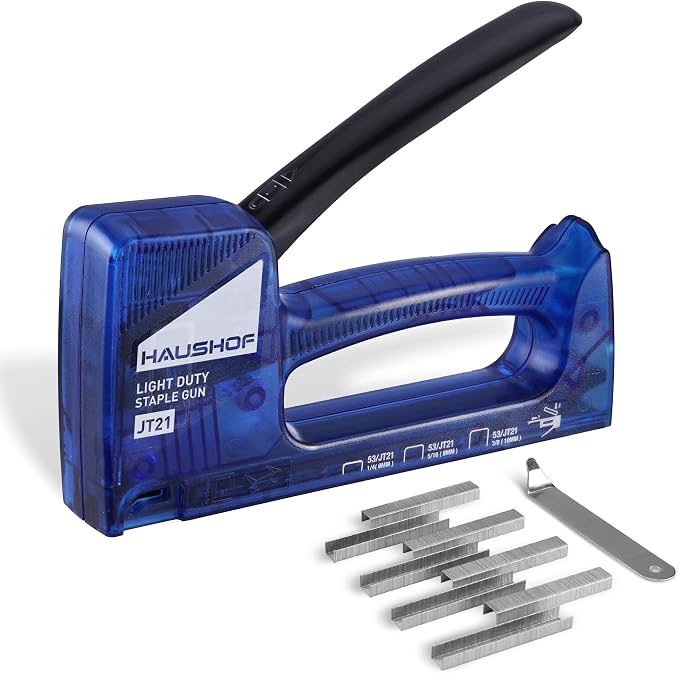 HAUSHOF Light Duty Staple Gun, Upholstery Staple Gun with 800PCS JT21 Staples and Stapler Remover, Fits JT21 Staple of 1/4'', 5/16'' & 3/8'', Used for Wood, Classroom, Crafts, DIY (Blue Transparent) | Upholstery Staple Gun Fits JT21 Staple of 1/4'', 5/...