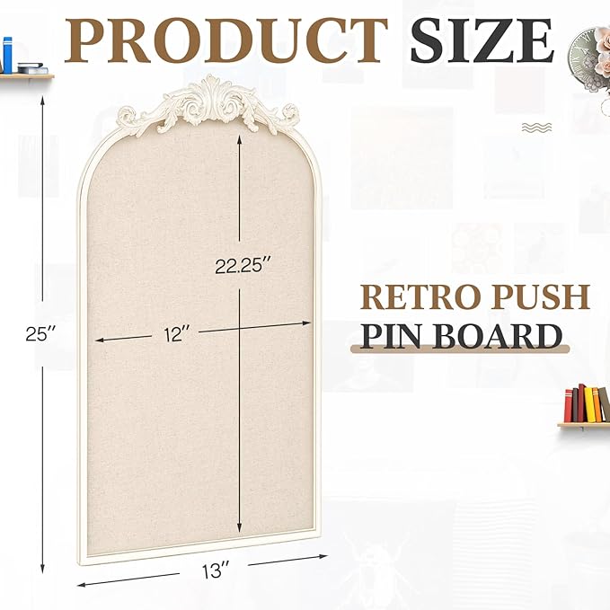 Vintage Framed Pin Board Linen Display Bulletin Board Large Ornate Fabric Picture Photo Pinboard Memo Decorative Prayer Pinboard Ornate for Wall Gift(Arch,13" X 25",Antique White)