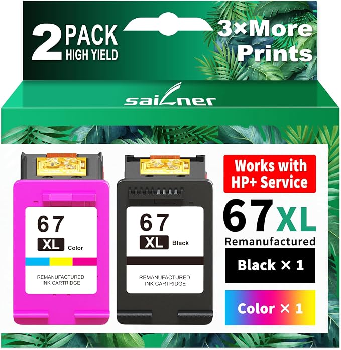 67XL Ink Cartridges Black/Color Combo Pack Replacement for HP Ink 67 HP67XL | High Yield 67XL Ink Compatible with HP DeskJet 2755e 2855e 2700 2700e 4155e 2734e 2827e 4100e Envy 6055 6455e Printer 2PK