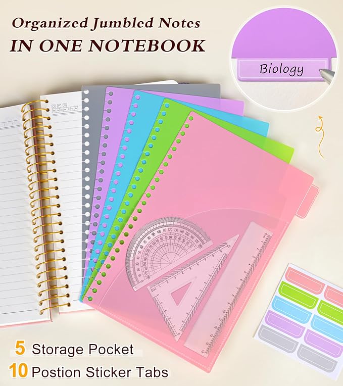 5 Subject Notebook College Ruled 240 Pages, A5(5.8"x8.3") Hardcover Spiral Notebook with Removable Pocket Dividers Tabs, Lined Spiral Journal Notebook for Women, Notebooks for Work School Note taking Pink