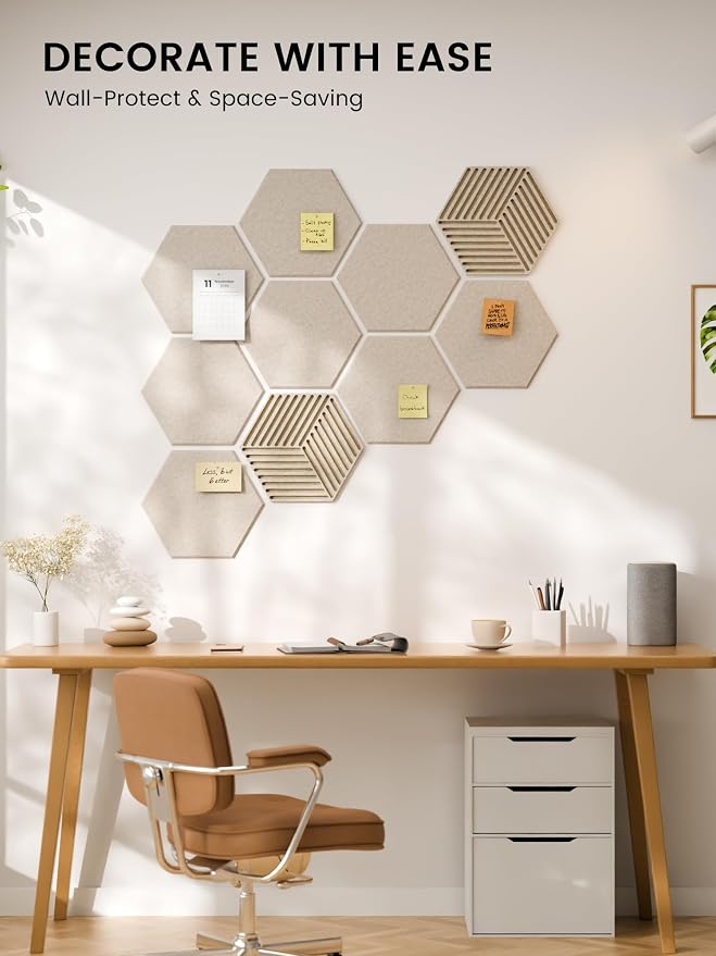 Fluxynara 10-Pack Hexagon Cork Board Alternative, Oatmeal | Felt Bulletin Board with 50 Adhesive Tabs, Ideal for Vision Boards and Wall Decor in Homes, Offices, Classrooms, and Dorms
