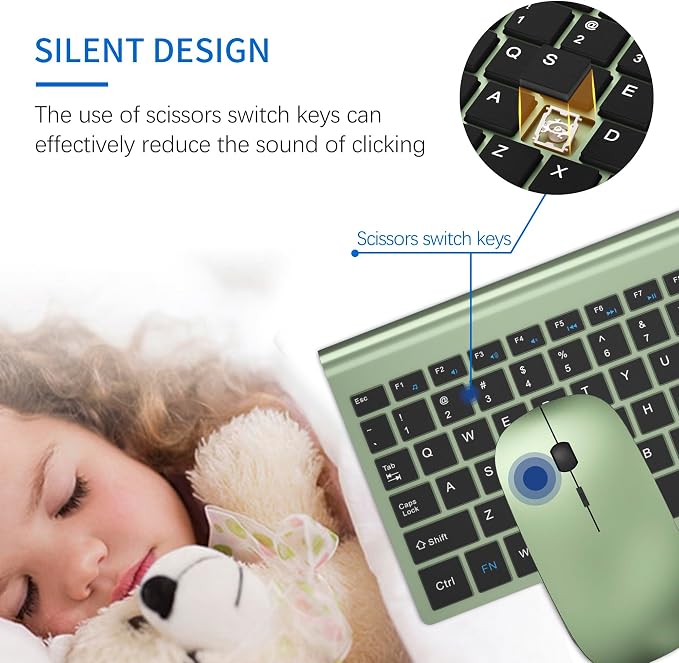 Wireless Keyboard and Mouse Ultra Slim Combo, TopMate - Green Black | 2.4G Silent Compact 2400DPI Mouse and Scissor Switch Keyboard Set with Cover, Batteries Included, for PC/Laptop/Windows/Mac