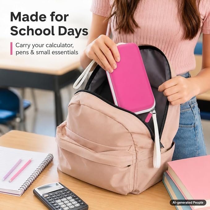 Pink Calculator Case for TI-30XS/TI-30XIIS/TI-30Xa/TI-36X Pro | Hard EVA Shell, Two-Layer Mesh Pockets, Elastic Holder, Wrist Strap, 7.48 x 3.23 x 1.18 in, School Exam Carry