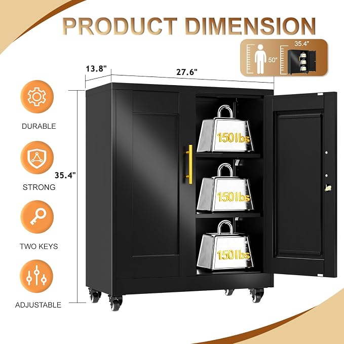 36" Metal File Garage Storage Cabinet with Lock and Wheels,Rolling Steel Locker Organizer,Office File Cabinet with 2 Doors and 2 Adjustable Shelves,Tool Cabinets for Home Office,Gym,School (Black)