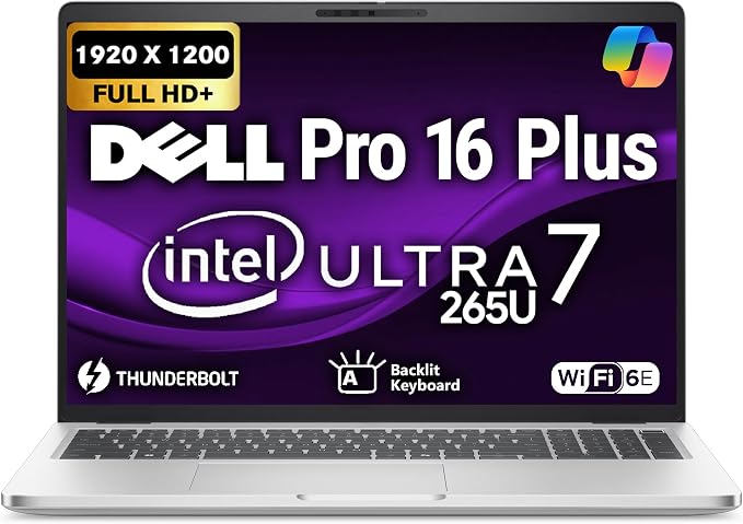 Dell Pro 16 Plus PB16250 (Replaces Latitude 5550) AI Business Notebook 16" FHD+ Intel Core Ultra 7-265U, 32GB DDR5 RAM, 1TB SSD, Wi-Fi 6E, Backlit Keyboard, HD Webcam, RJ-45, W11Pro - Silver