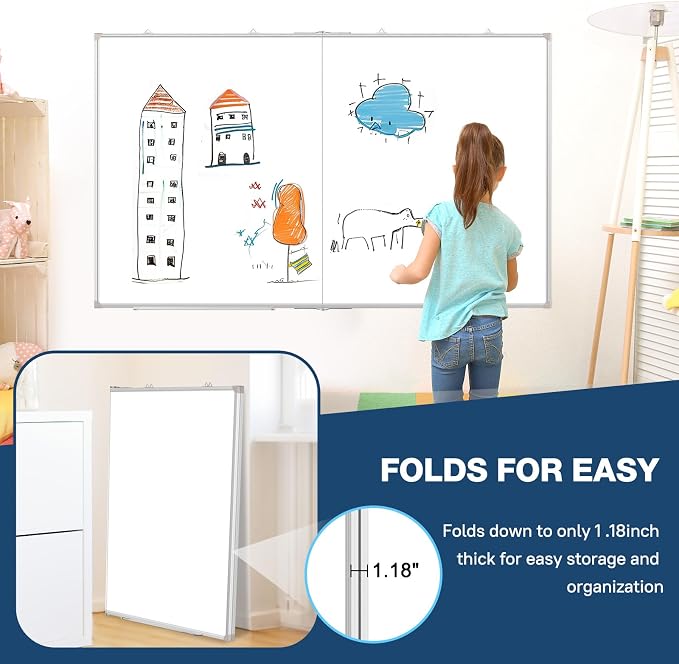Double-Sided White Board Dry Erase Magnetic Whiteboard Wall 60x48 Foldable | Smooth Write & Clean, Durable 11-Layer, Aluminum Frame, Easy Wall Mount & Hanging, Full Kit for Home, Office, School
