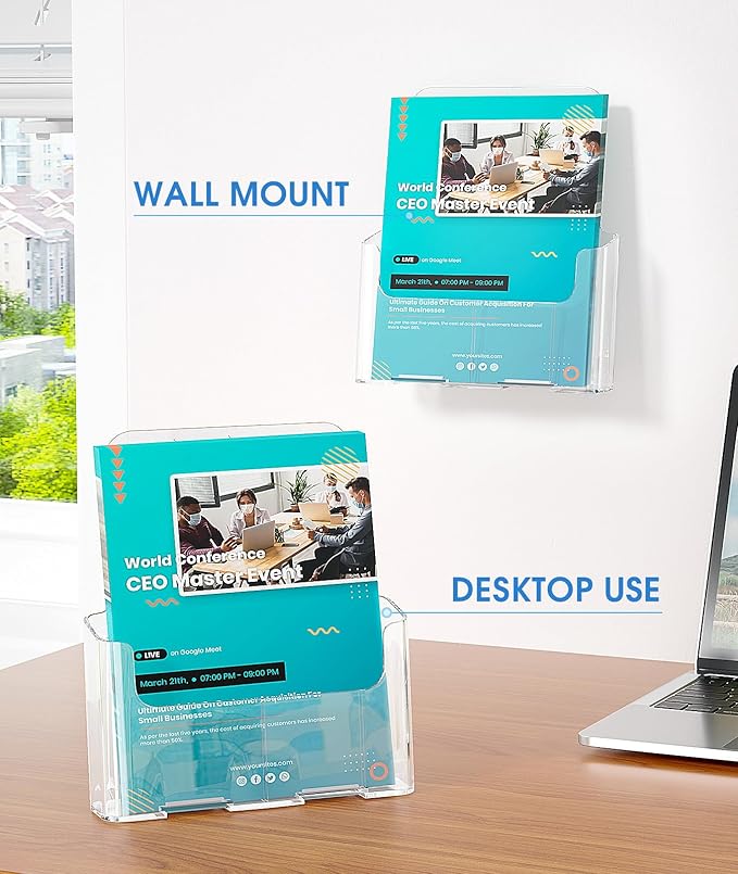 KTRIO Acrylic Brochure Holder 8.5 x 11 Clear Flyer Display Stand, Plastic Literature Holder for Trifold Brochures, Magazines, Menus, Pamphlets, Booklets, Documents, Desk or Wall Mount, 2 Pack
