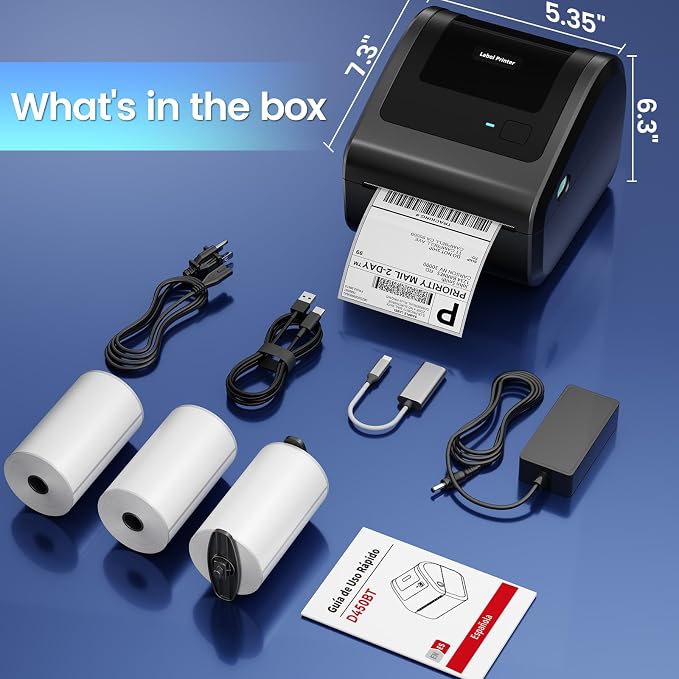 Bluetooth Shipping Label Printer with 3 Roll Labels | D450BT Thermal Label Printer 4x6 with Built-in Label Bin, Thermal Printers Come with 750PCS 4x6‬ Labels (250 Labels/Roll)