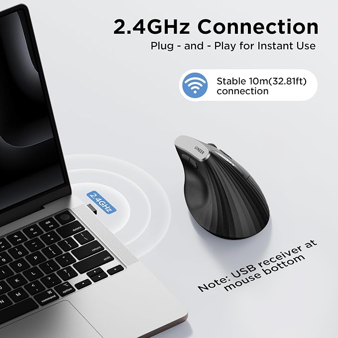 Uineer Ergonomic Vertical Mouse, 2.4G Wireless Mouse, Rechargeable, 4-DPI | Right-handed vertical design with 2.4G USB-A connection, rechargeable battery and visible battery level.