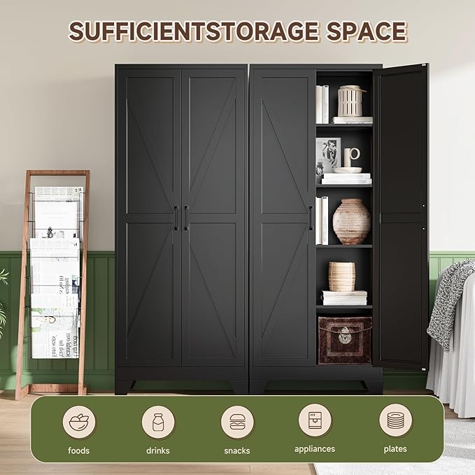Letaya 75" H Metal Storage Cabinet with 2 Doors and 4 Shelves,Tall Kitchen Pantry Cabinets,Farmhouse Utility Pantry Organizers for Cupboard/Dining/Bathroom/Home Office/Garage Room,Black