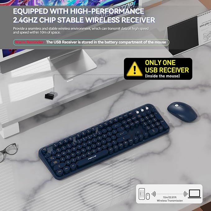 Wireless Keyboard and Mouse Combo, 104 Keys Full-Sized 2.4 GHz Round Keycap Colorful Keyboards, USB Receiver Plug and Play, for Windows, Mac, PC, Laptop, Desktop (DarkBlue)