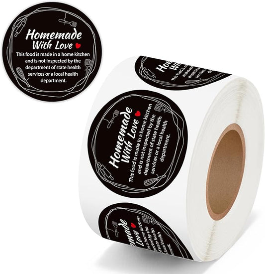 PANTIDE Cottage Food Law Labels Stickers - 500 Count Homemade with Love Adhesive Round Decal Roll, Made in A Home Kitchen Inspection Statement Thermal Printed for Food Packaging (2 x 2 Inch, Black)