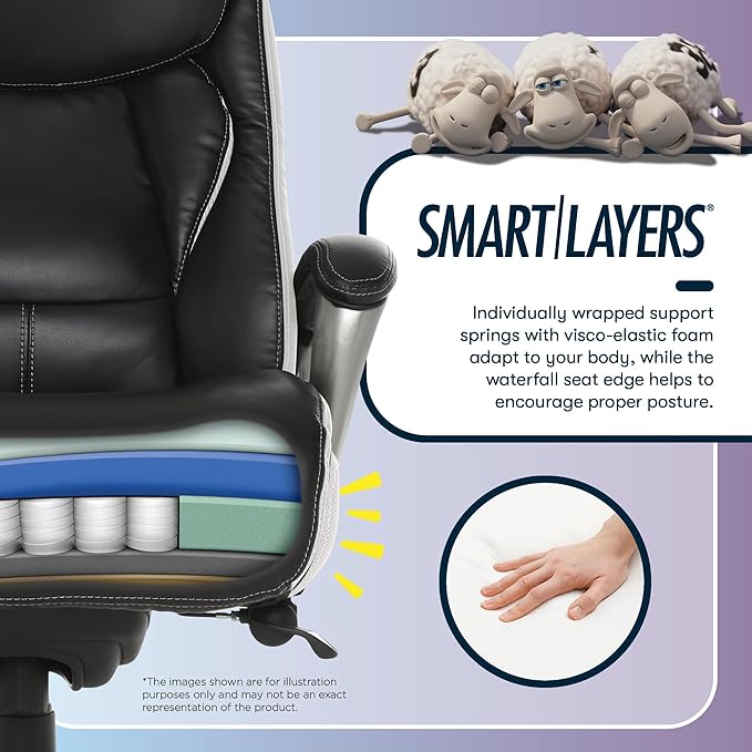 Serta® Lautner Executive Home Office Desk Chair, Ergonomic High-Back with Adjustable Lumbar and Body Pillows, SmartLayers™ and ComfortCoils® Technology, Mesh and Bonded Leather, Black and White