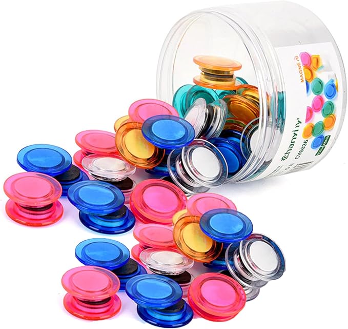 Round Plastic Fridge Magnets, 1.18 in/30mm, 45 Pcs, Translucent Multicolor, Heavy-Duty Magnetic Buttons, Push Pins for Refrigerator, Whiteboard, Office, Classroom, Locker Decoration