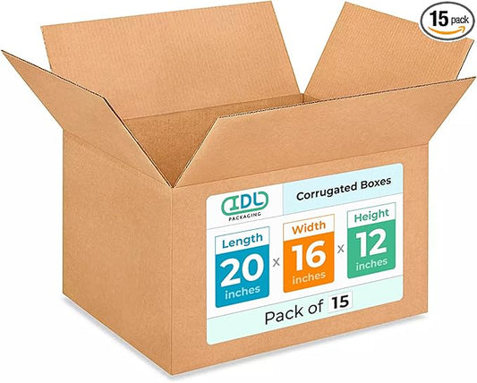 Large Shipping & Moving Boxes 20"L x 16"W x 12"H (15-Pack) - Extra Strength 200 lb vs Regular - USA-Made Corrugated Shipping Boxes for USPS/UPS/FEDEX - Cardboard Large Box for Moving by IDL Packaging