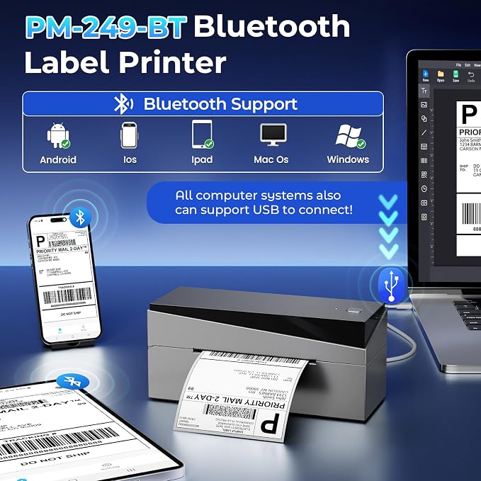 Bluetooth Shipping Label Printer 4x6, Wireless Thermal Printer | Thermal Label Printer for Small Business, Shipping Packages, Office, Home, Compatible with Amazon, Tik Tok, USPS