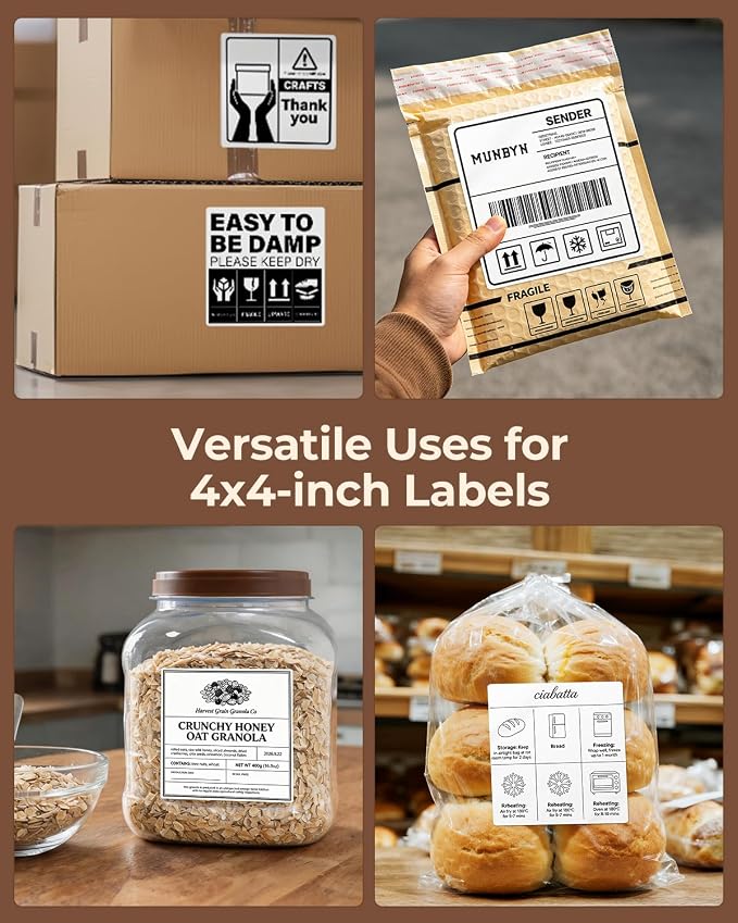 MUNBYN 4x4 Thermal Labels, 500 Sheets/Roll, White | Strong Adhesive & Perforated, Non BPA&BPS for Small Business, Shipping Postage Bakery