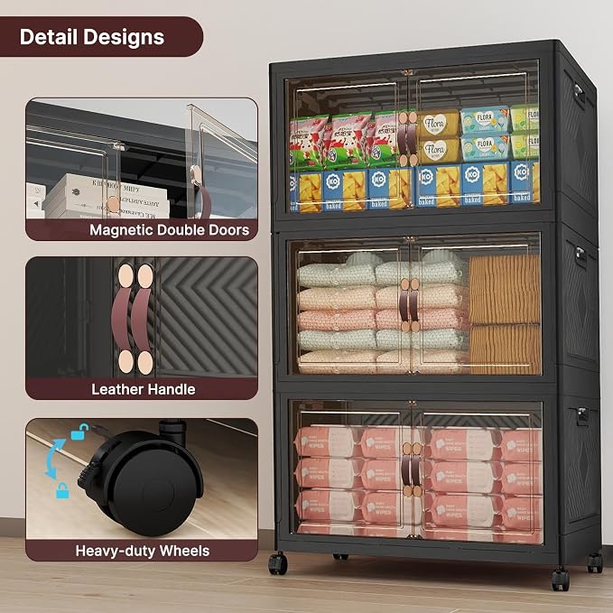 Stackable Storage Bins with Lids,720QT Lockable Storage Cabinet | Folding Storage Box with Doors and Wheels, Collapsible Plastic Drawers for Home, Garage, Office
