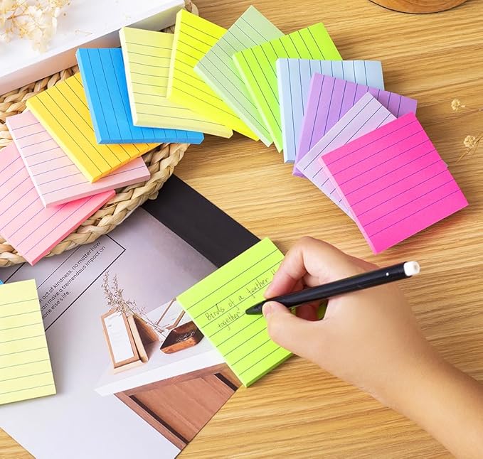 (72 Pack) Lined Sticky Notes 3x3 in,Notepads with Lines,Ruled Stickies Super Sticking Power,Office School Memo Note Pads Bright Colors,Post on Windows Doors,Recyclable,Easy to Write on