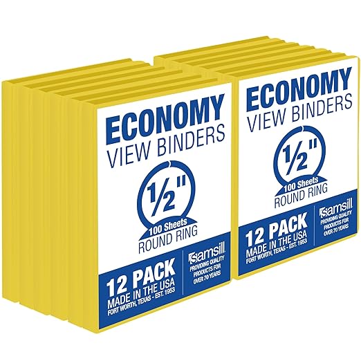 Samsill 0.5 Inch 3 Ring Binders, Economy Round Ring, Clear View Cover, 100 Sheet Capacity - for School, Home, Office - Yellow, 12 Pack