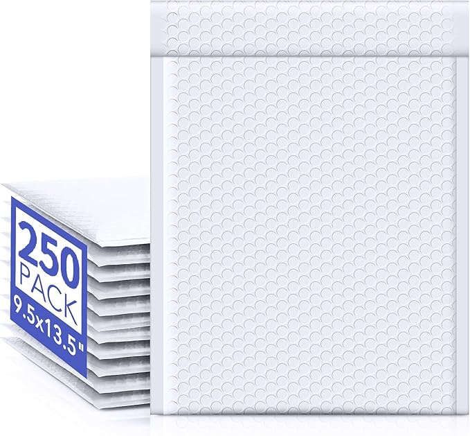 Fuxury Bubble Mailers 9.5x14.5" 250 Pack White Large Padded Envelopes Usable Size 9.5x13.5" Self Seal Bubble Envelopes Padded Mailers Shipping Bags for Mailing book Shirt Small Business #4