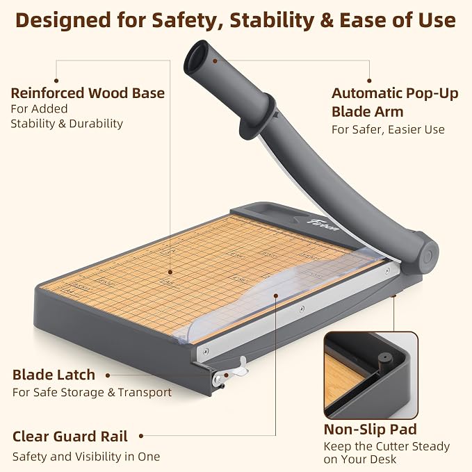 Firbon 12 Inch Wood Guillotine Paper Cutter, Heavy Duty Paper Trimmer | 12-Sheet Capacity | Stable Wood Base| Precision Dual Scales | Paper, Cardstock & Photo Trimmring| Office & Home Use