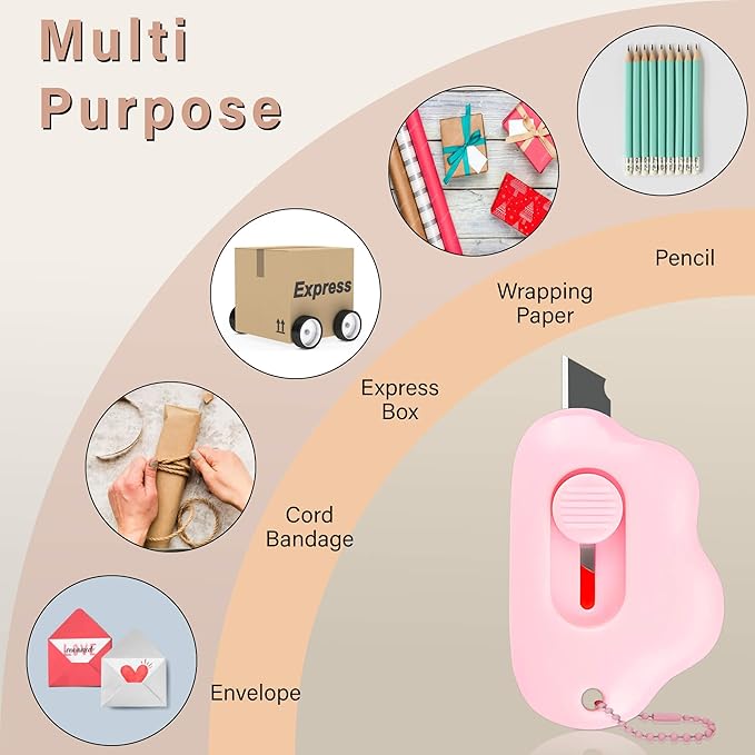 Cloud Shaped Retractable Box Cutter Set - 6 Pack with Key Rings,Stainless Steel Blade,Safe & Portable Letter Opener for Envelopes,Package,Mail,DIY,Paper Cutter for Home,Office,Outdoor (6 Color)
