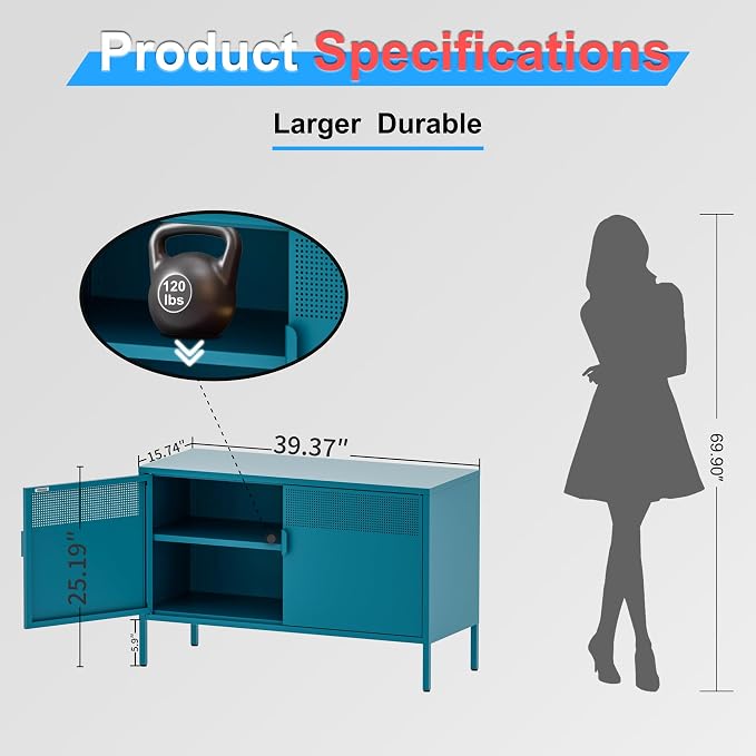 Washsemba 2 Door Storage Sideboard, Metal Storage Cabinet with 2 Adjustable Shelf,Multipurpose Metal Accent Cabinet for Office Home,Music Studio (Peacock Blue, 25''H)