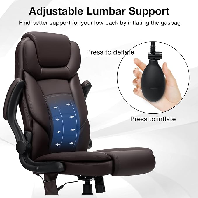 450lbs Executive Office Chair with Inflatable Lumbar Support, Heavy Duty Office Chair for Heavy People, Big and Tall Ergonomic Comfy Chair with Flip-Up Armrests, Breathable PU Leather (Brown)