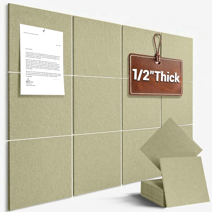 48" x 36" Large Felt Bulletin Board 1/2" Thick, Sage Green | 12 Pack Felt Tiles, Cork Board Alternative, 60 Adhesive Tabs, Pin Board for Home Office Decor with Easy Install