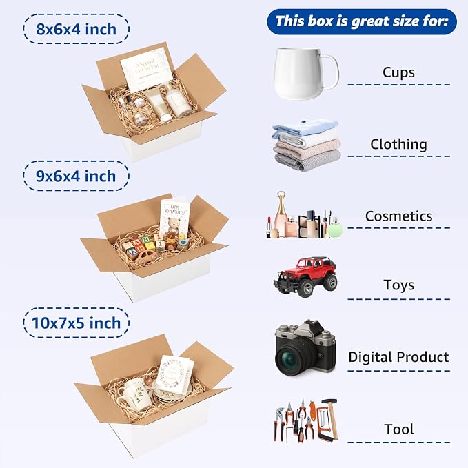 CRUGLA Assorted Sizes Shipping Boxes 30 Pack (10x7x5, 9x6x4, 8x6x4), White Corrugated Cardboard Mailers, Each 10 PCS Small Boxes for Small Business Packaging, Shipping & Storage