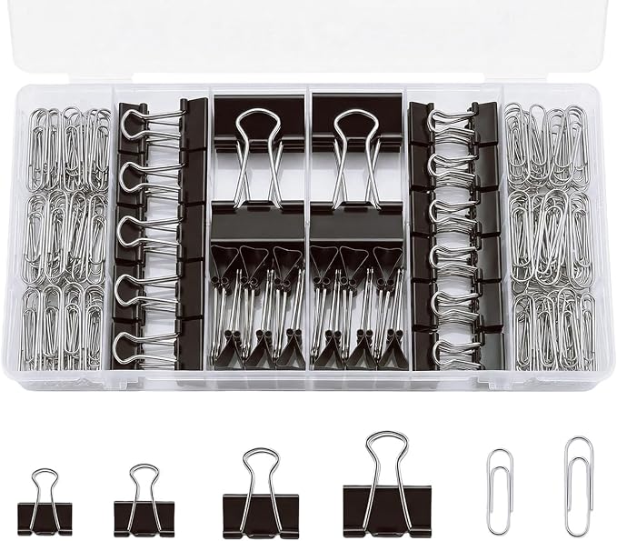 276Pcs Paper Clips and Binder Clips Assorted Sizes，Black Binder Paper Clips Office Clips Office Supplies, Large Medium Small Paper Clamps PaperClips for Home School Business in a Container (Black)