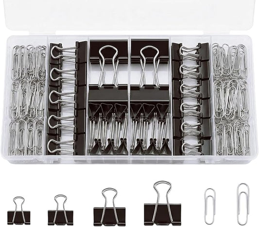 276Pcs Paper Clips and Binder Clips Assorted Sizes，Black Binder Paper Clips Office Clips Office Supplies, Large Medium Small Paper Clamps PaperClips for Home School Business in a Container (Black)