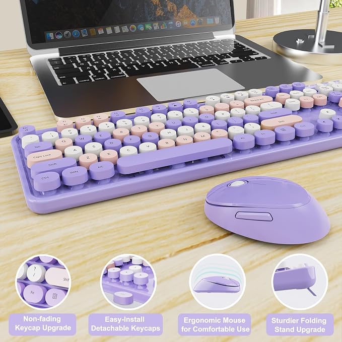 SkyGive Wireless Keyboard and Mouse Combo, Ergonomic Full Size Typewriter Retro Round Keycaps Keyboard, Compatible with Windows, PC, Perfer for Home and Office Keyboards (Lavender Purple