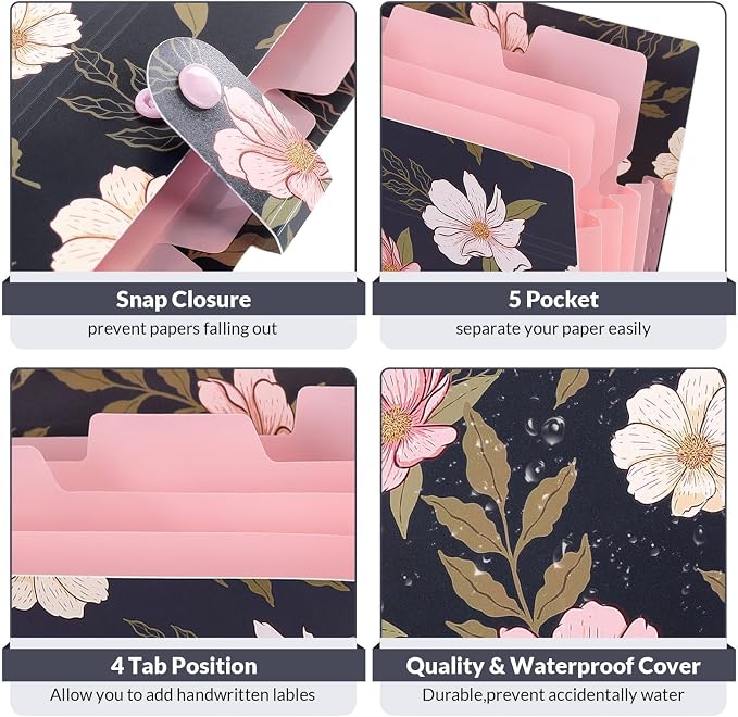 SKYDUE Accordion File Organizer, Floral Expanding File Folders with 5 Pockets, Cute Document Organizer for Paper Bills Receipt Storage, School Office & Hospital Supplies Letter/A4 Size Navy Blue