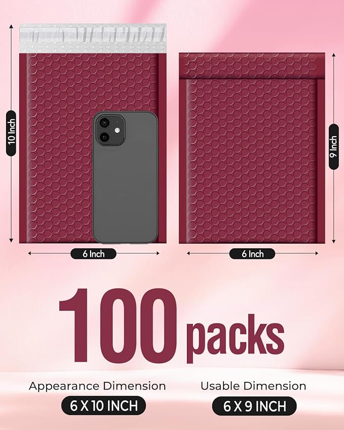 Metronic Bubble Mailers 6x10" 100 Pack Burgundy Self-Seal Padded Envelopes Usable Size 6x9" Waterproof Bubble Envelopes Bulk for Small Business Padded Mailers for Mailing Jewelry #0