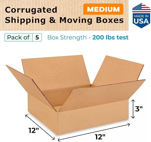 Medium Moving & Shipping Boxes 12 x 12 x 3 inches (5-Pack) - Extra Strength 200 lb vs Regular - Corrugated Durable Boxes for Packaging - Shipping Box Medium - Heavy Duty Box by IDL Packaging | Extra Strength 200 lb vs Regular - Corrugated Durable Boxes...