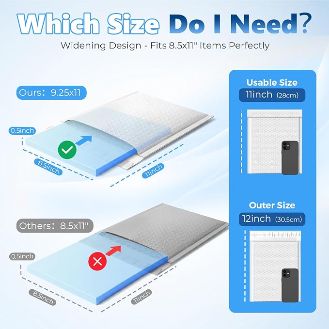 Metronic Bubble Mailers True 8.5x11" Usable Size Padded Envelopes 500 Pack | 50% Thicker 1/7" Bubble 8.5x12" Self Seal Water-resistant bubble envelopes for Books,DVD,Magazine& Small Business,#2,White