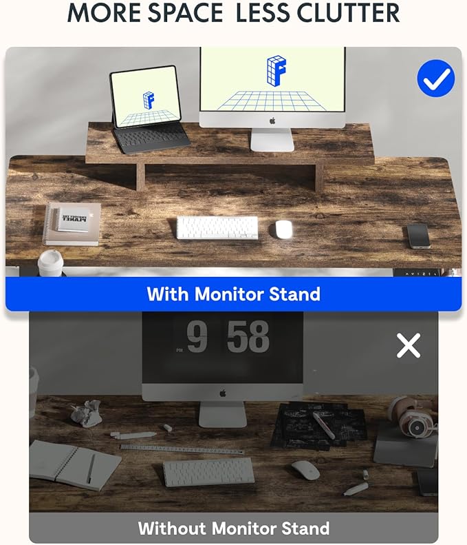 FLEXISPOT Standing Desk with Monitor Stand, 55 x 24 Inches One-Piece Electric Height Adjustable Computer Desk with Cup Holder for Home Office, Rustic