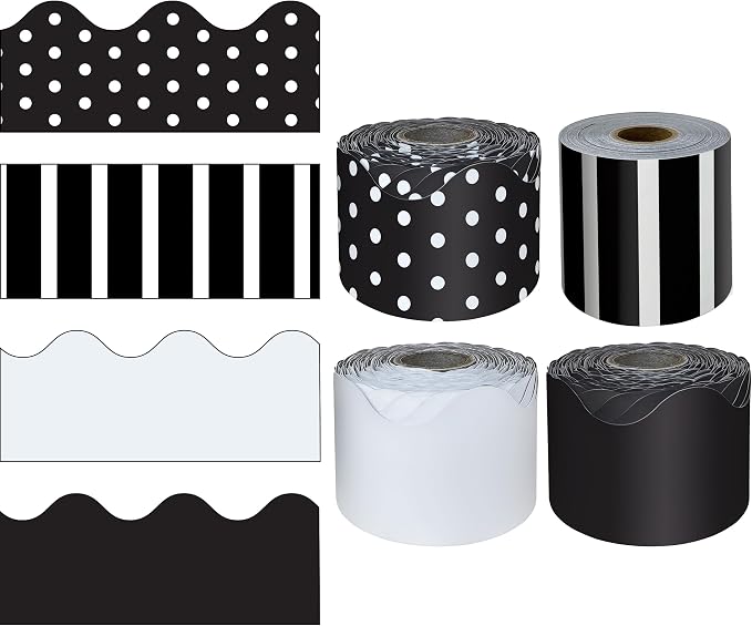 Carson Dellosa Black Bulletin Board Border Sets for Classrooms, 4 Pack | Black, White, Polka Dot, Stripes Farmhouse Classroom Décor, Teacher Supply, School, Office Cork or Whiteboard, Wall, Locker