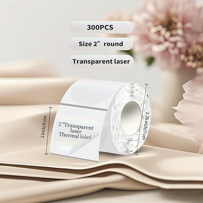 2''Transparent Laser Thermal Label,Round Self-Adhesive Direct Thermal Label,Thermal Stickers for DIY Logo Design,Name Tag (300/Roll