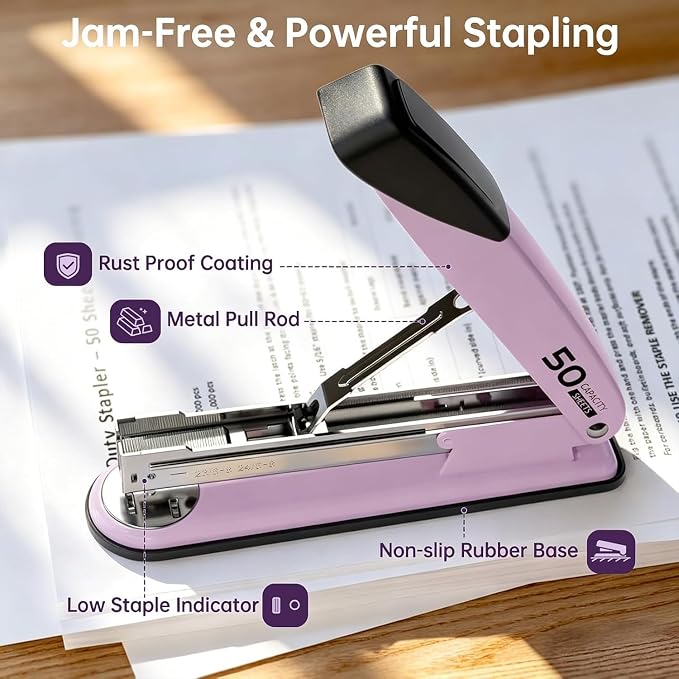 Metal Stapler Heavy Duty for Desk - 50 Sheet Capacity with 2000 Pieces 1/4", 5/16" Staples and Staple Remover, No Jam, Non-Slip, Stapler Heavy Duty for Classroom and Office, Pink