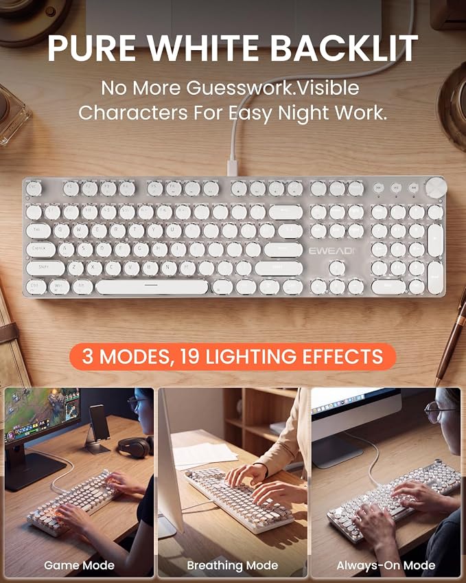 EWEADN Wired Typewriter Mechanical Keyboard, Quiet White Linear Switches Retro Punk Style with Media Knob, Elegant Backlit Metal Panel, 104-Key Round Keycaps Cute Keyboard for Windows PC - Pure White