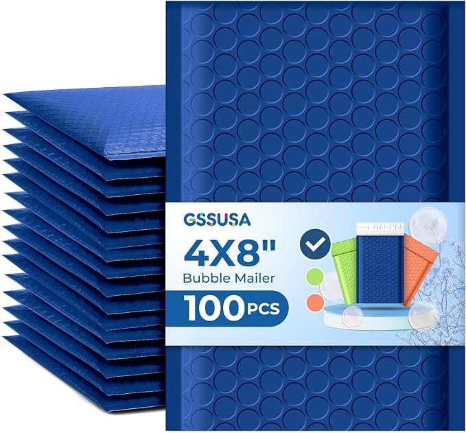 GSSUSA Blue Bubble Mailers 4x8 100 Pack, Self Seal Padded Envelopes | Usable Size 4x7, Waterproof, Opaque, #000, Mailing Bags For Cards, Jewelry, Gifts, Trading Cards, Small Business Packaging