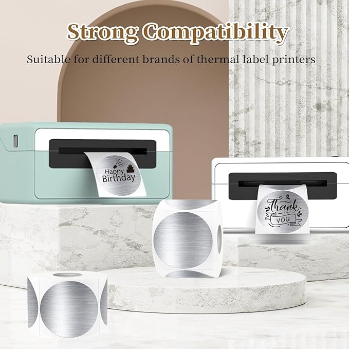 2 Inch Holographic Thermal Labels,Silver Round Thermal Printer Labels,Printable Round Thermal Printer Labels Self-Adhesive Direct Thermal Label(300pcs Brushed Silver)