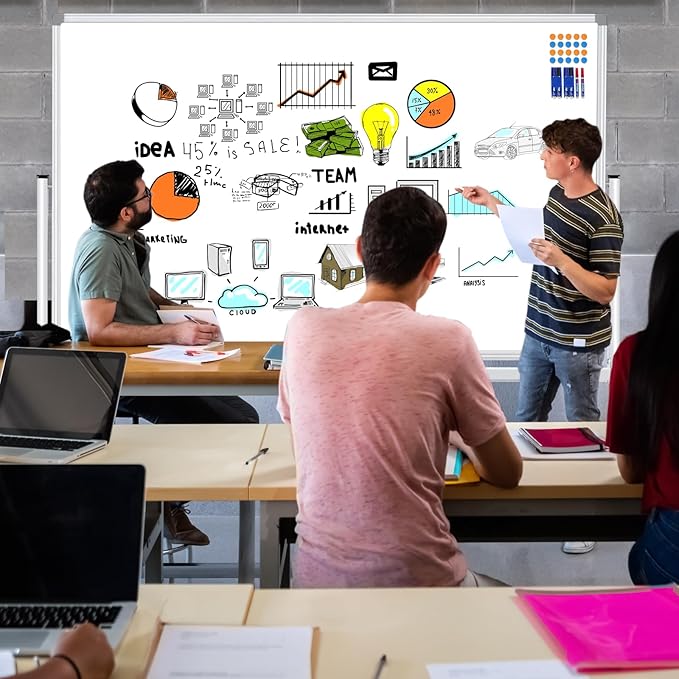 Magnetic Dry Erase White Board with Stands 60 x 40 Inch, Double-Sided 5' x 3' Large Rolling Whiteboard on Wheels Mobile Whiteboard Portable Stand Up White Board for Office, School, Home