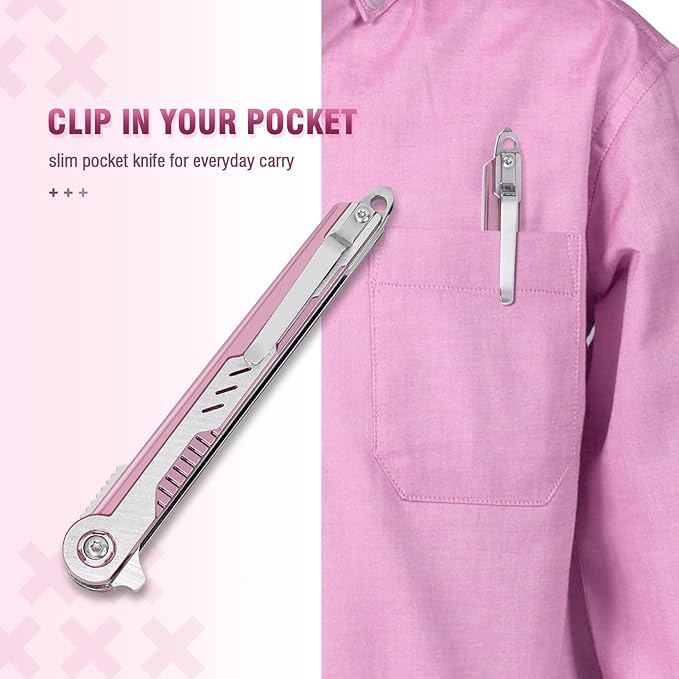 Pink Pocket Knife for Women - Slim EDC Knife with 7CR13Mov Steel Tanto Blade, Clip and Glass Breaker - Womens Knife for Self Defense - Cute Girl Survival Tool Pocket & Folding Knives